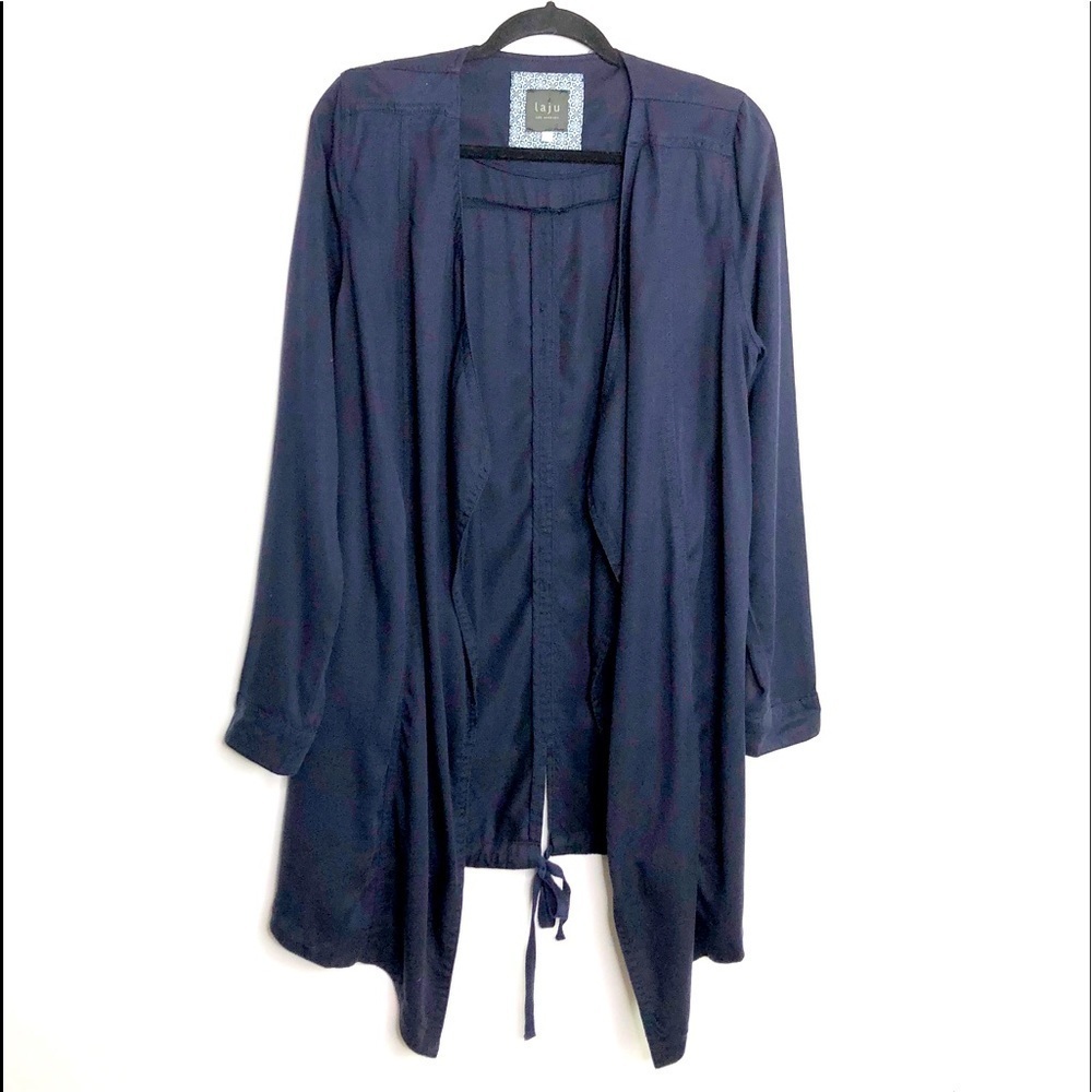 Laju Los Angeles Anthropologie navy blue open closure duster jacket